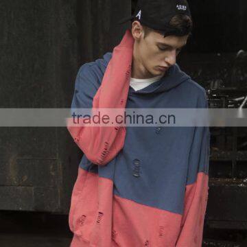 China Suppliers New Custom Fashion Men Contrast Two Color Pullover Oversized Distressed Hoodie With Embroidered Logo photo-3