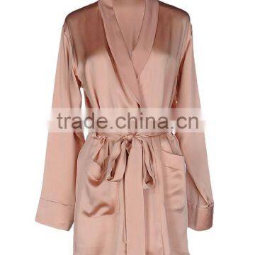 Customize ladies luxury silk long sleeve dressing gown, lapel collar, knee length gown robe