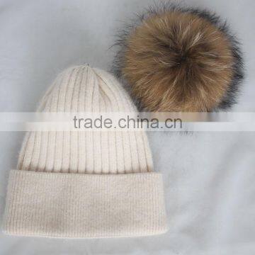 Myfur Wholesale Classic Beige Angola Rabbit Custom Knitted Pom Beanie Hat With Fur Pom