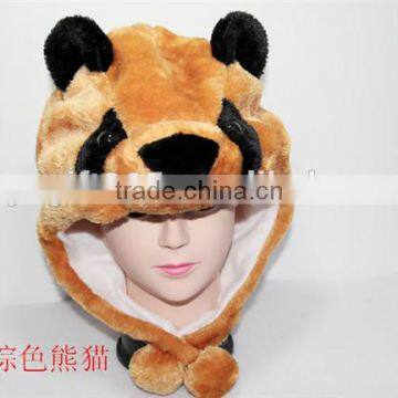 Cartoon Animal Brown Panda Plush Warm Hat With Ear Poms