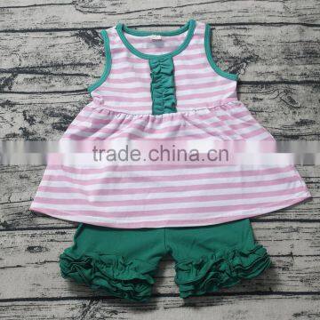 2017 Trending Pink Striped Baby Girls Summer Outfit With Ruffle Shorts Icing M7042003