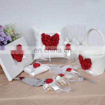 2016 Red sweet rose flower design wedding guest book /pen holder/ring pillow/flower basket set decoration