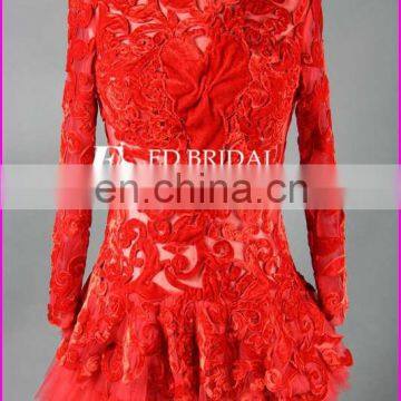 Real Sample F778 Sheer Long Sleeve Puffy Short Red One Piece Girls Party Dresses photo-2