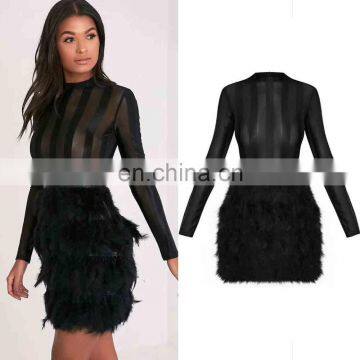 Women's Sexy Long Sleeve Mesh Luxury Fur Trim Party Dresses New Year's Eve Hot Dresses