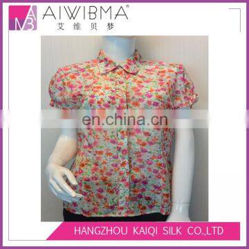 2017 Ladies's Fashion Silk Cotton Flowery Printed Casual Wear Short Sleeve Shirt