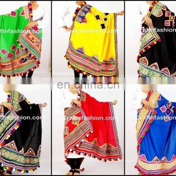 Designer Handicraft Dupatta- Indian Kutch Embroidery Mirror Lace Work Dupatta- Cotton Thread Work Dupatta- Handmade Dupatta