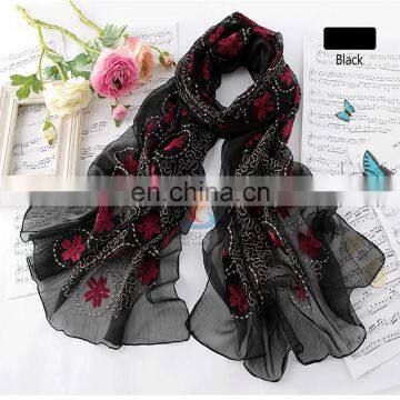 Lingshang New Arrival Silk Scarf Autumn and Winter Women's Scarf Solid Color Embroidery Design Chemical Fiber Long Scarf photo-3