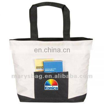 beige color polyester bag with front slash pocket and bottom board