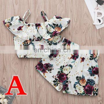 2019 summer kids outfit cotton girls off shoulder tops floral print tshirt & girls flower shorts 2pc set