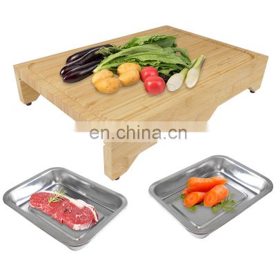 Space Saver Design Bamboo Cutting Board With 2 Big Organizing Stainless Steel Trays And Eco Friendly Sustainable Chopping Board