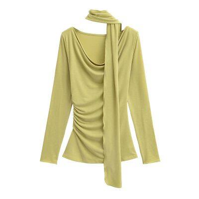 Pure Desire Style Loose Collar Hanging Neck Streamer Long-sleeved T-shirt Spring Design Pleated Slim Body Hot Girl Bottom Shirt Women photo-4