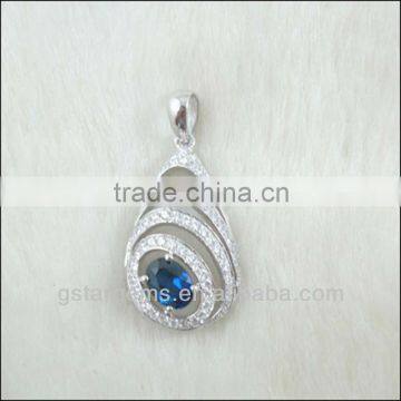 925 Sterling Silver Oval Created Blue Sapphire Pendant Rhodium Plated Hot Sale Cubic Zironia Micro Pave setting