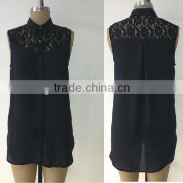 Woman lace collar black chiffon blouse