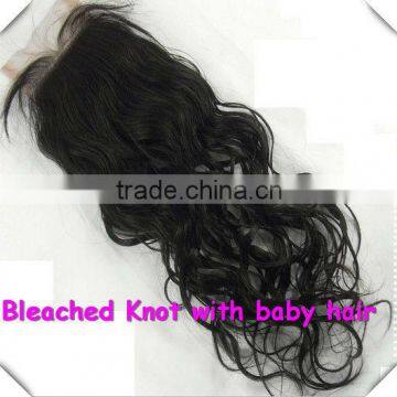 Hot 5a Grade!! 12-28inches Natural Wavy, Baby Hair Bleached Knots, Peruvian hair silk base lace closure