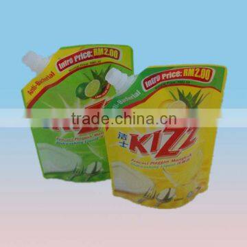 Custom plastic packaging bag with spout for detergent