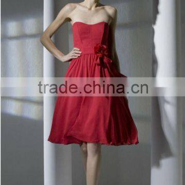 2014 New Chiffon Red Strapless Bridesmaid Dresses Gowns A Line Knee Length Homecoming Dresses Gowns Custom Made