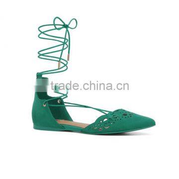 Designer branded green suede leather strap lace up flat shoes for ladies