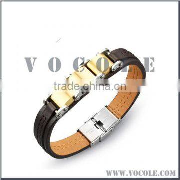 Novelty genuine leather bangle gold stainless steel clasp jewelry wholesale