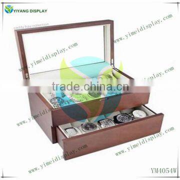 Vintage Wood Watch Case Display Storage Watch Box Glass Top Holds 20+ Watches With Adjustable Soft Pillows YM4054W