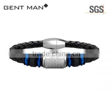 Stainless Steel Leather Blue Men Bracelet