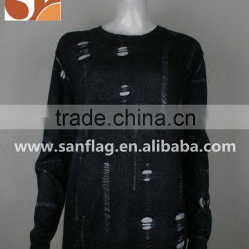 Ladies' Round Neck Long Sleeve Pullover Drop Needle and Acid Wash Knitted Sweater