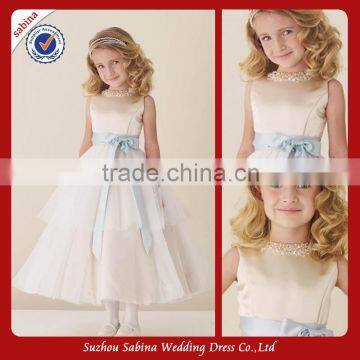 Fl17 Handmade A-Line Beading Layered Pageant Flower Girl Dress with Sash