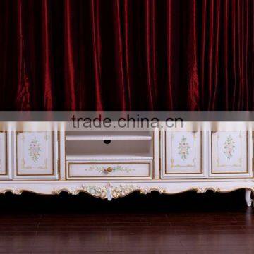 Elegant European Flower Hand Painting and Wood Carved Four Doors TV Cabinet