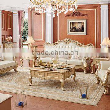 Neoclassic style solid wood champagne gold carving leather sofa set