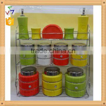 ceramic canister with metal lid & metal stand