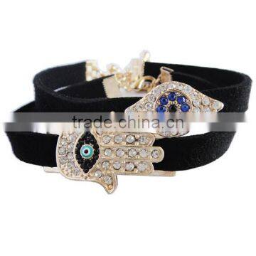 Rhinestone Inlaid Hamsa Hand Evil Eye Charm Suede Leather Bracelet photo-4
