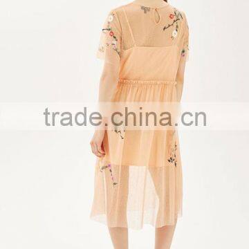 Woman Short Sleeve Flower Embroidered Midi Length Fashion Dress photo-4