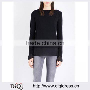 Wholesale Women Apparel Black Boat Neck Long Sleeves Chiffon Cuffs Wool-blend Blouse(DQE0203T)