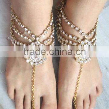 PAYAL Anklets pair CRYSTAL GOLD , WITH TOE RING , BAREFOOT SANDAL