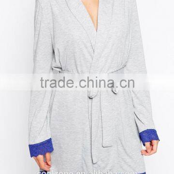 Open Front Design Lightweight Bath Robe,women Lace Trim Robe With Self-tie Belt photo-4