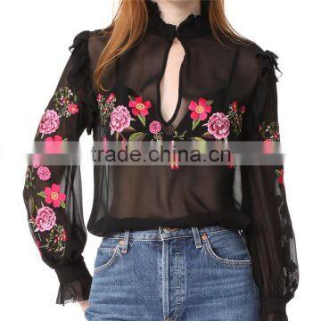 2017 OEM Peony Embroidered Silk-chiffon Button Keyhole Ruffle Blouse photo-2