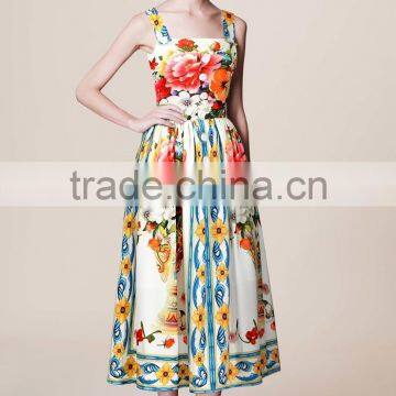 Ladies Bright-coloured Button-up Peony Printing Princess Straps Dress With Zipper Back