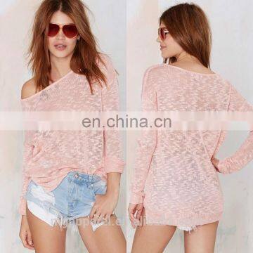 latest sweater designs for girls loose knit scoop neckline lightweight pink knitted sweater