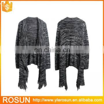 Grey Shawl Neck Fringe Knitted Poncho Sweater