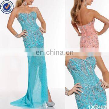 latest made in China beaded sexy split factory wholesale evening dress