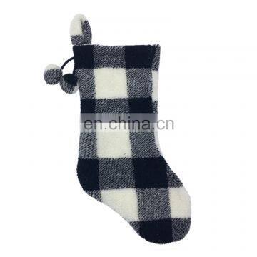 Wholesale Decorative Chunky Black and White Plaid With Pompom Christmas Socking for Christmas