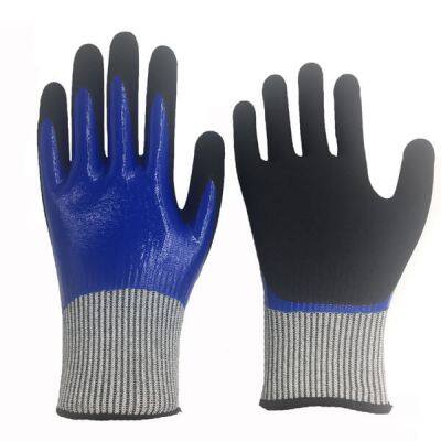 Anti Cut Level 5 HPPE Liner Nitrile Full Coated + Sandy Palm Coated Cut Resistant Gloves