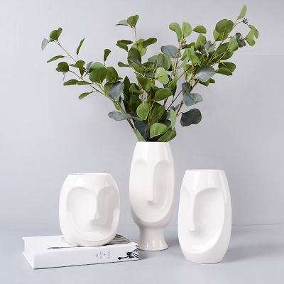 New Nordic Feel Good White Grey Human Face Ceramic Vase For Office Decoration Garden Flower Decor