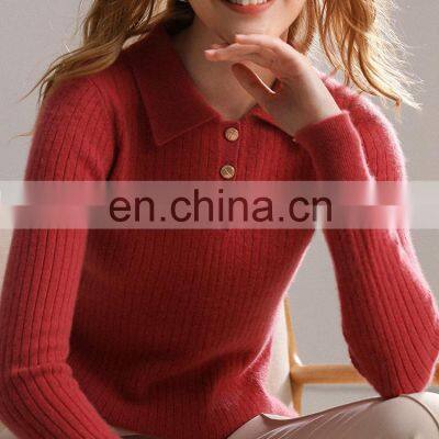 Women Casual Polo Neck Cable Knit Cashmere Sweater With Button photo-3