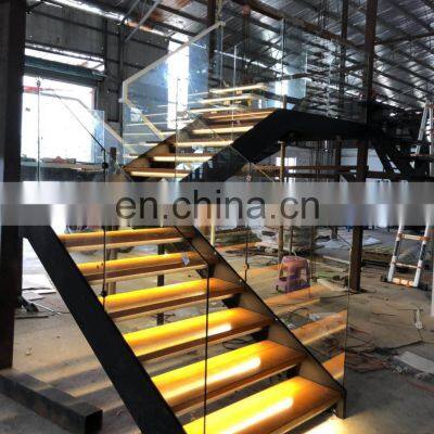 Interior Staircase Wooden Straight / Spiral Staircase Carbon Steel Handrail Stairs With LED Lights photo-4