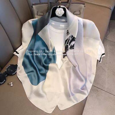 Pink Silk Oil Painting Satin Feels Soft Flowers Scarves Foreign Style High Quality 90*90CM photo-3