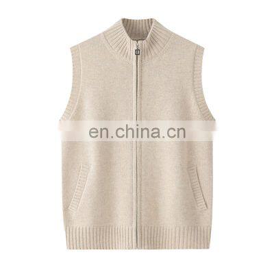 Women's Casual Pure Cashmere Vest Solid Color Sleeveless Knitted Cardigan Embroidered Pocket Decoration Zipper Casual Woolen