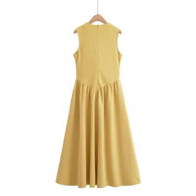 2025 New Elegant Women's Suede Panel Design Tea-Length Sleeveless Dress