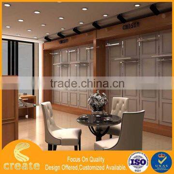 Shopping mall retail store wall-mount clothing showroom design for wood furniture rack shelves showcase