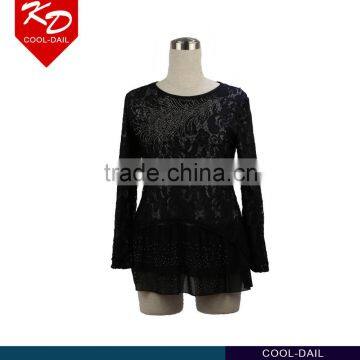 latest ladies long sleeve O neck beaded flower net cover short dress
