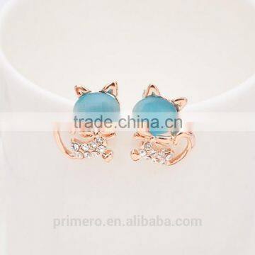 New Pure Gold Plate Cute Kitten Sweet Opal Cat Bowknot Stud Earrings photo-2